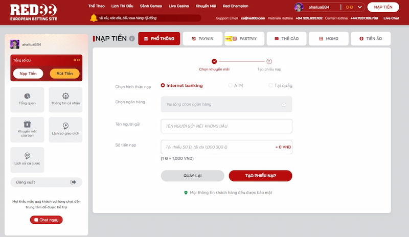 nạp/ gửi và rút tiền tại red88