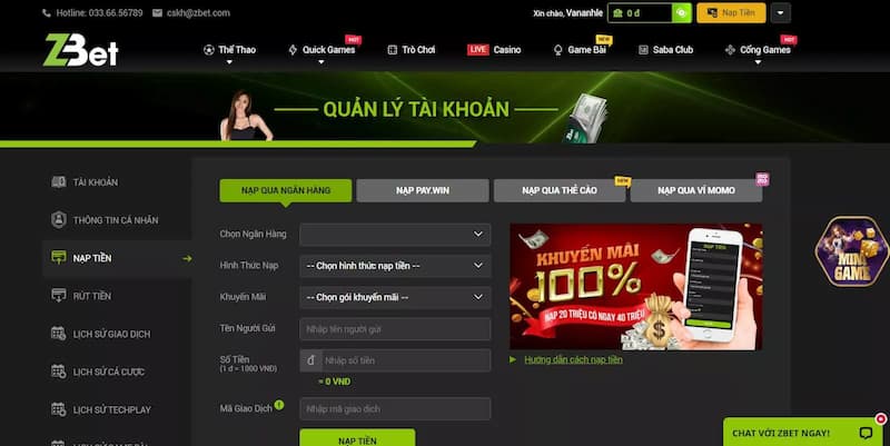 nạp tiền qua ngân hàng